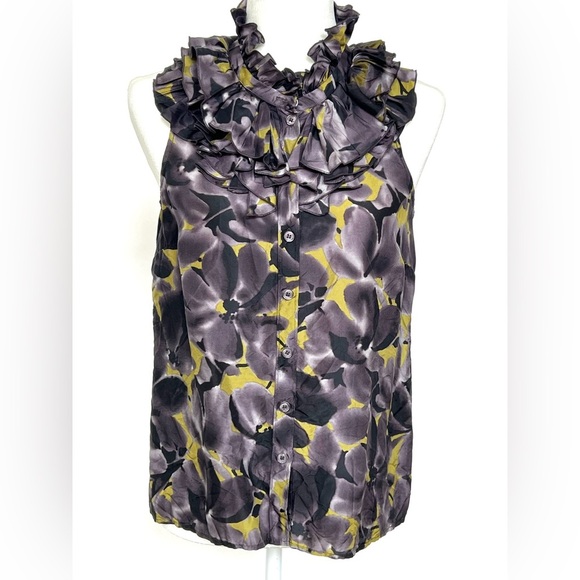 J Crew 100% Silk Women’s Floral Ruffle Neck Button Down Sleeveless Top size 4 - Picture 1 of 7